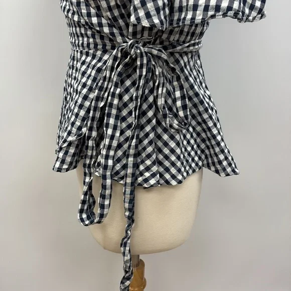 Ann Taylor LOFT Gingham Plaid Surplice V-Neck Wrap Woven Blouse Preppy Navy XS - Picture 5 of 10